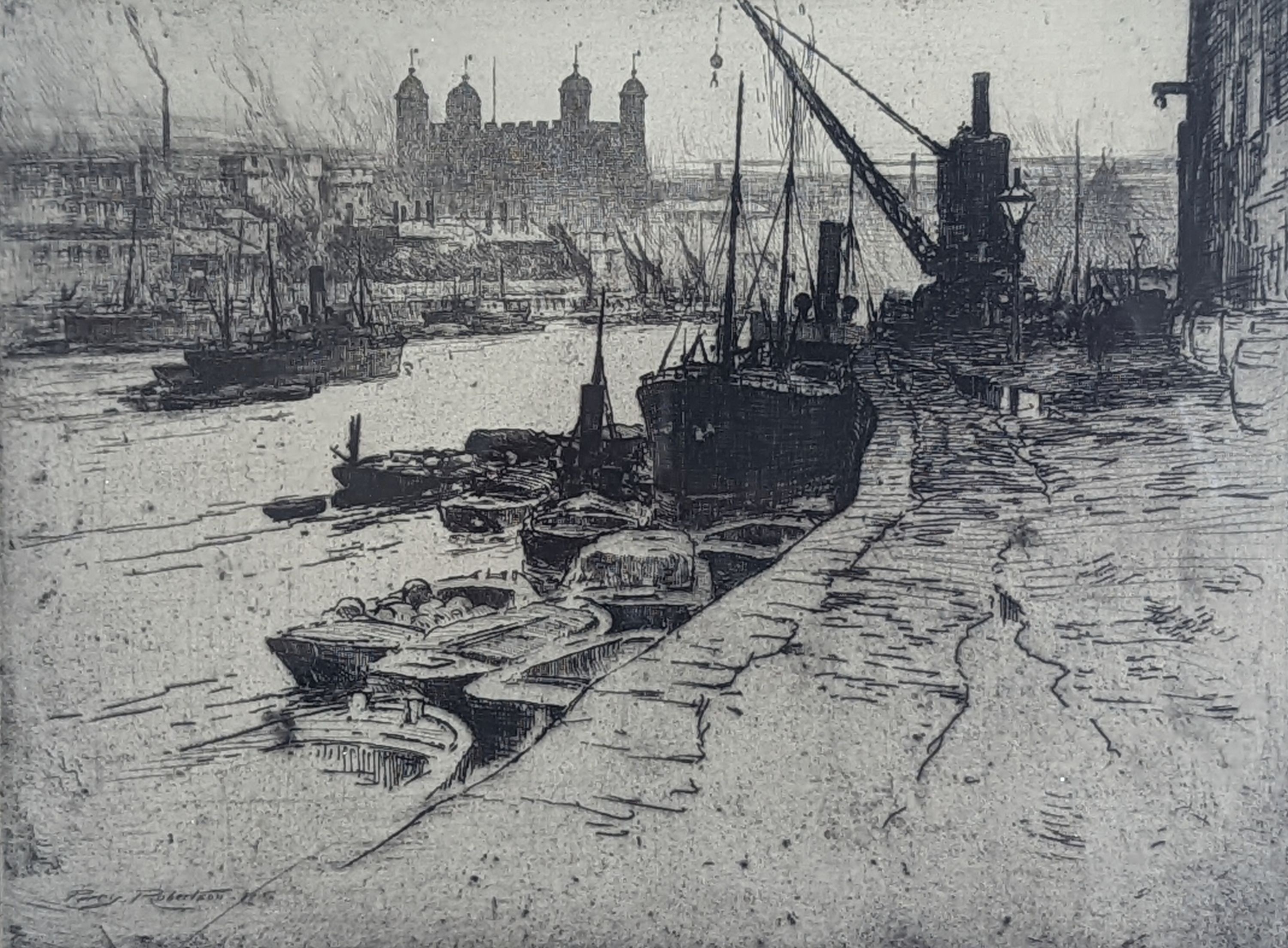 Percy Robertson (1868-1934), etching, View along the Thames with the Tower of London, signed in pencil, 18 x 25cm